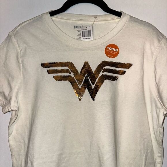 Boxlunch Girls Kids Cream Sequin Wonder Woman Tee Size XL NWT - Picture 3 of 9